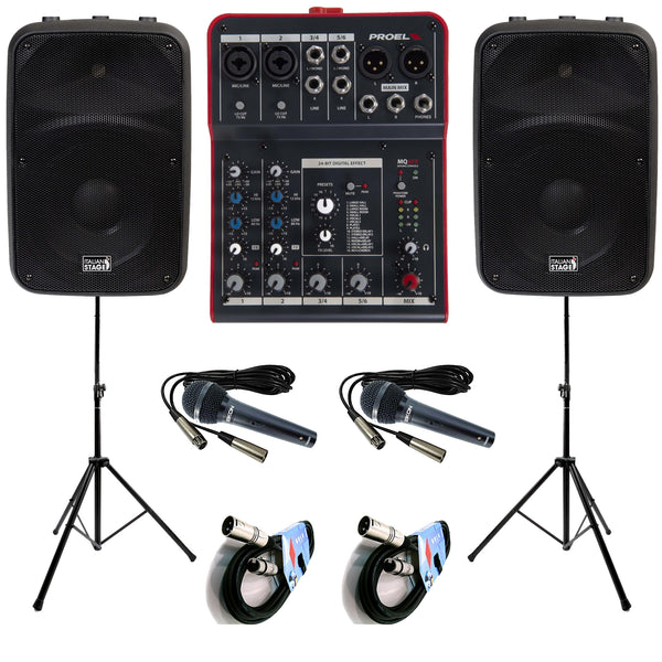 Italian Stage Kit Karaoke Fam. 2 SPX10AUB Casse +MQ6FX Mixer+2Mic+2Stativi+2Cavi