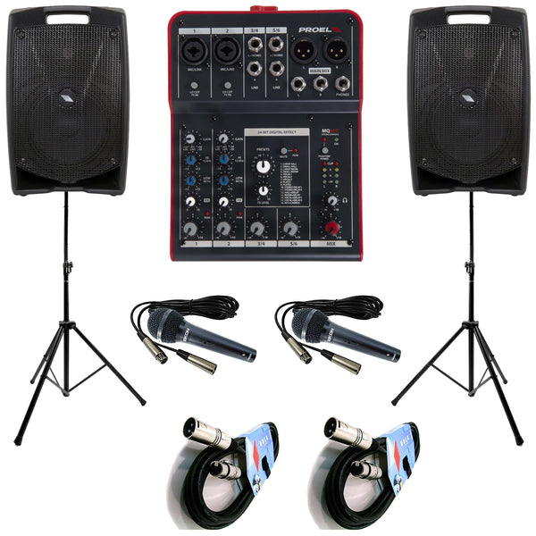 Proel Kit Karaoke 2 V10PLUS Casse+MQ6FX Mixer+2Mic DM800+2Stativi+2Cavi