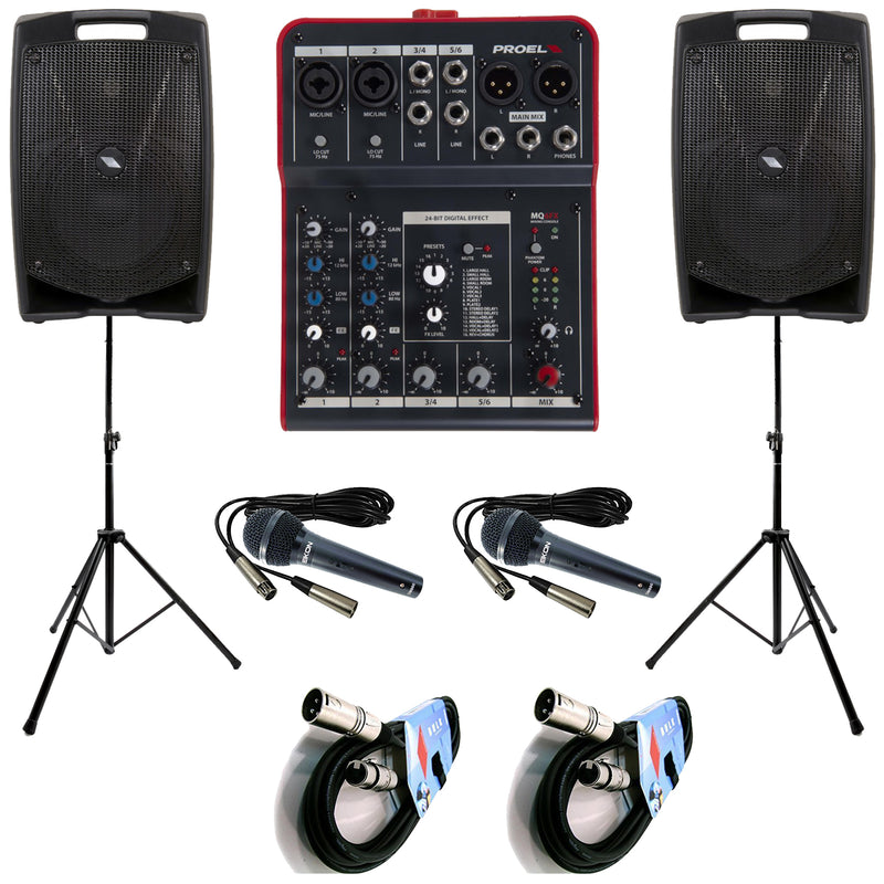 Proel Kit Karaoke Famiglia 2 V10PLUS Casse+MQ6FX Mixer+2Mic DM800+2Stativi+2Cavi