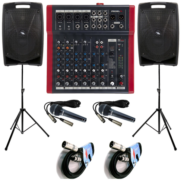 Proel Kit Karaoke 2 V12PLUSCasse+MQ10FX Mixer+2Mic DM800+2Stativi+2Cavi