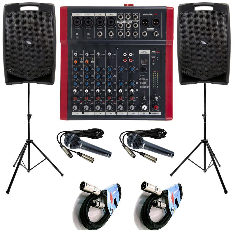 Proel Kit Karaoke Famiglia 2 V12PLUSCasse+MQ10FX Mixer+2Mic DM800+2Stativi+2Cavi