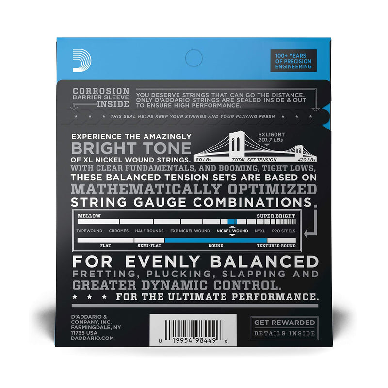 D'Addario EXL160BT Balanced Tension Medium / Long Scale Set Corde per Basso Elettrico in Nickel 50-120