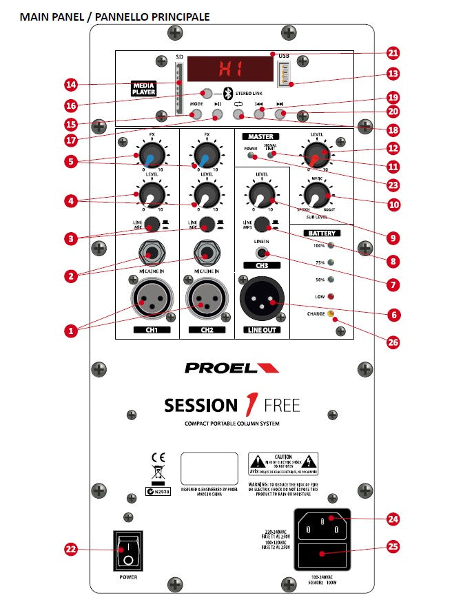 Proel SESSION1FREE Sistema audio colonna a batteria 400W e MP3 USB SD BLUETOOTH