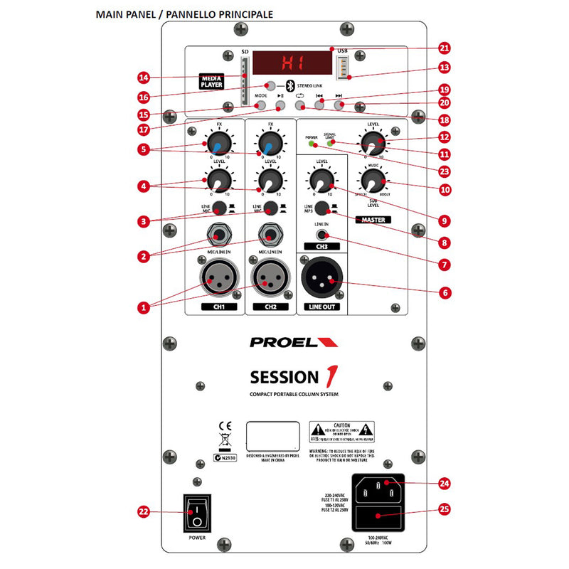 Proel SESSION1 Sistema audio colonna 400W picco MP3 USB SD BLUETOOTH STEREO Nero